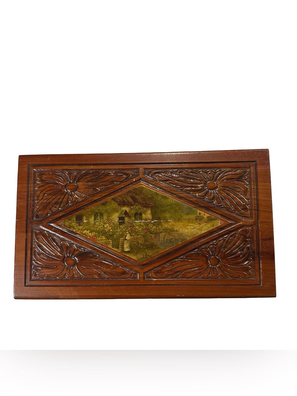 Vtg Carved Wood Trinket Keepsake Box Diamond Cottage Lithograph Inset Flaw Folk